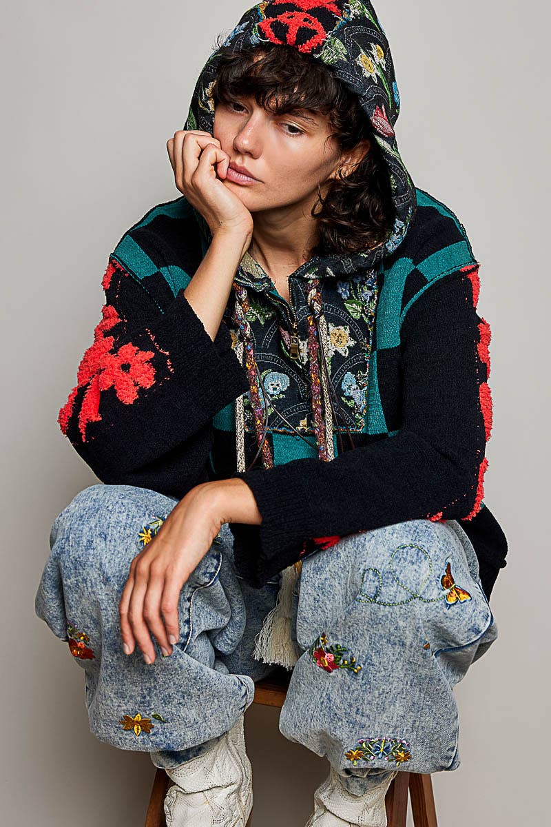Checkerboard Floral Jacquard Knit Hoodie