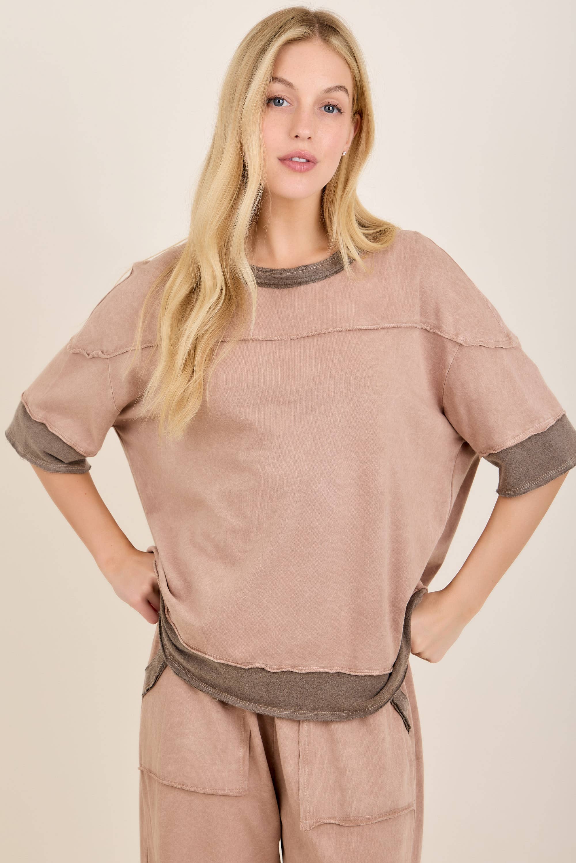 Mineral Washed Contrast Block Terry Top