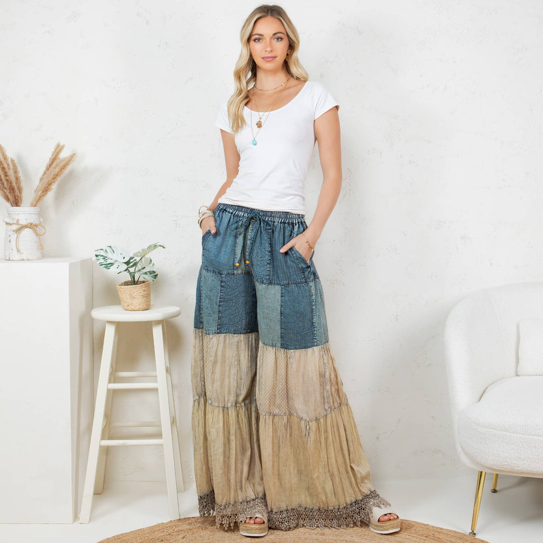 Boho-Inspired Long Denim Pants with Solid Patches