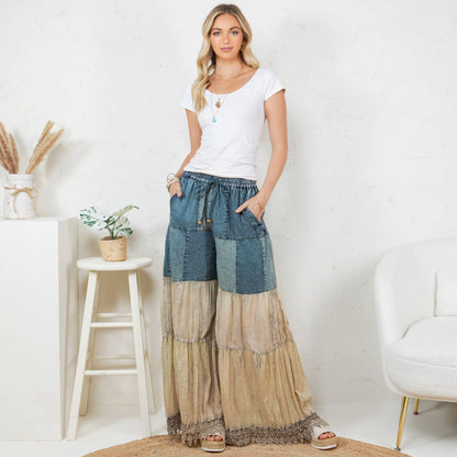 Boho-Inspired Long Denim Pants with Solid Patches