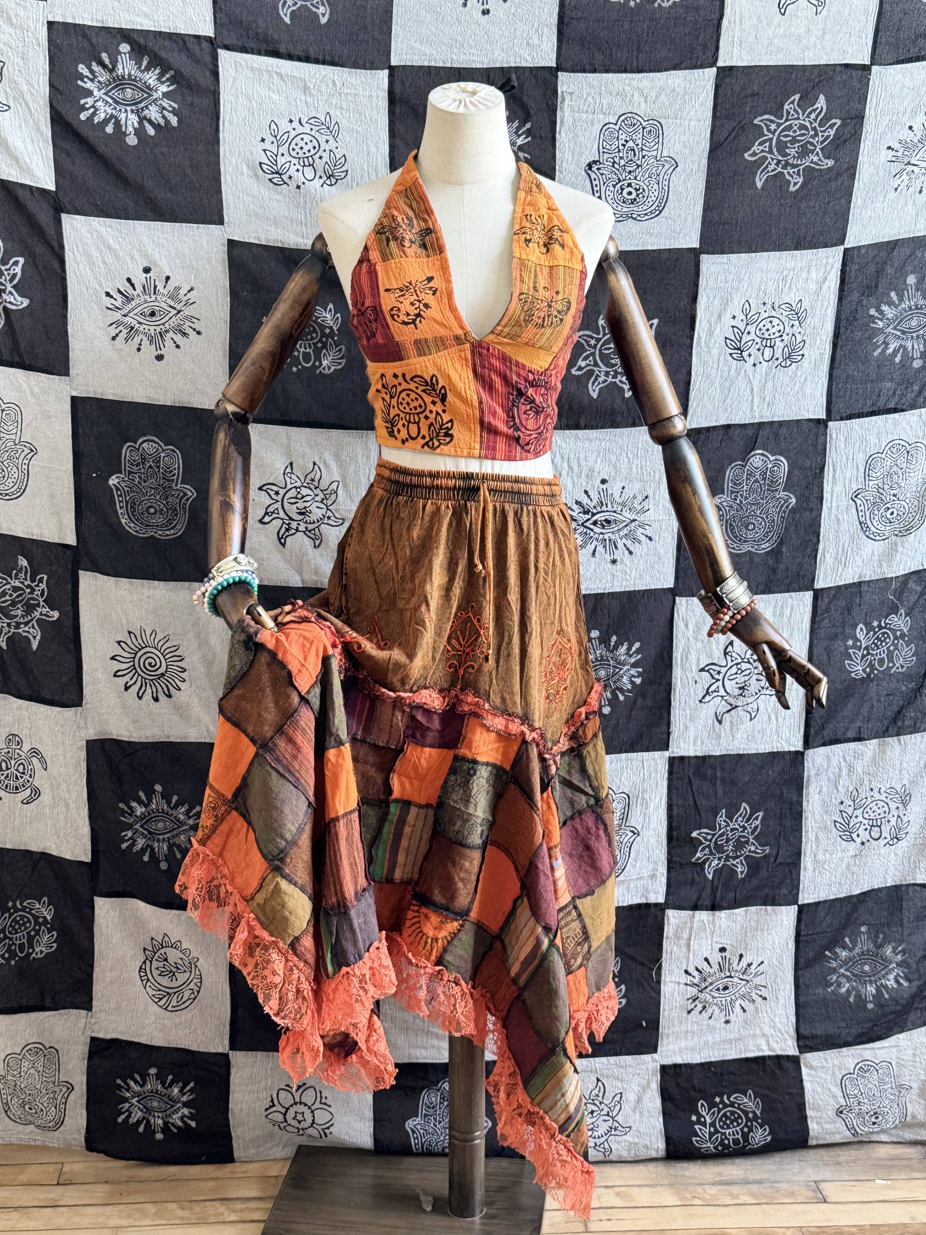 Patchwork Asymmetrical Flowy Skirt with Lace