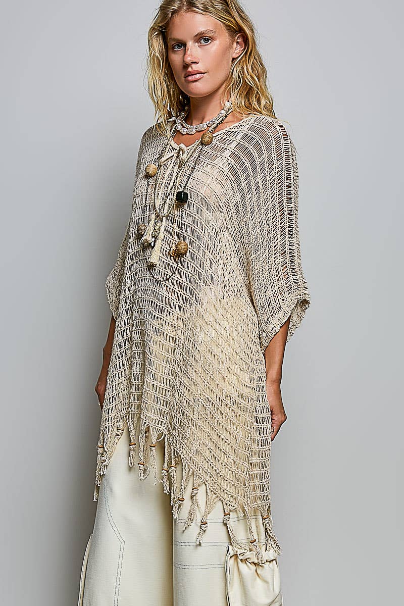 Open Knit Tassel Fringe Poncho Top
