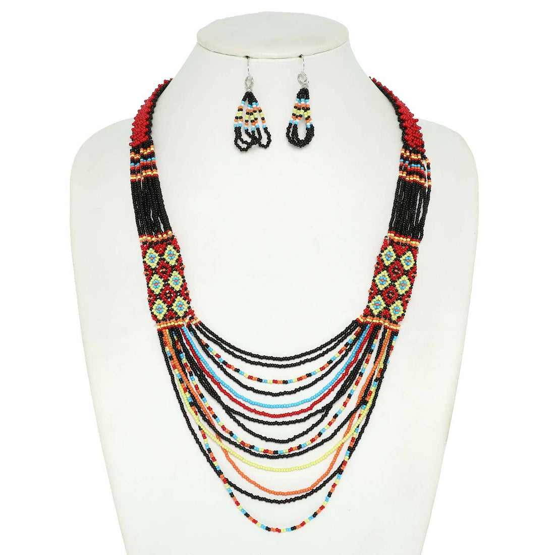 Native American Beaded Multi Strand Necklace Set: Black