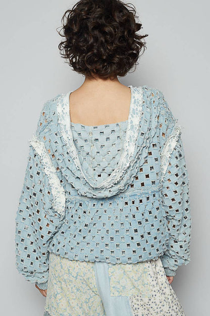 Long sleeve contrast lace crochet hooded top