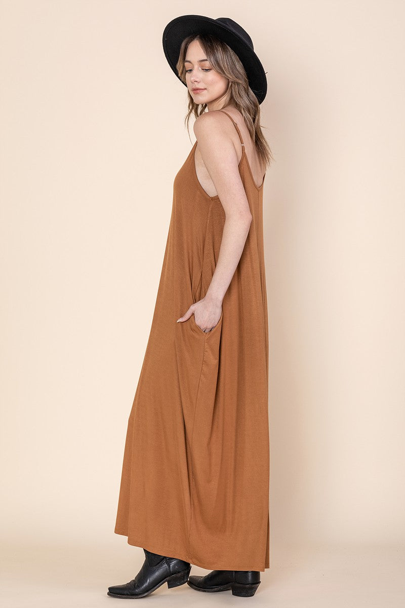 Camel Color Maxi Dress with Pockets