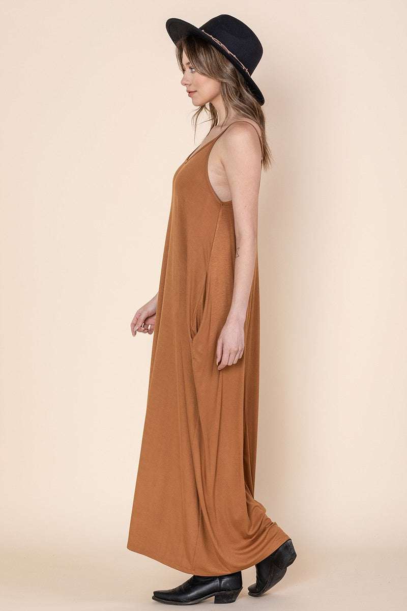 Camel Color Maxi Dress with Pockets