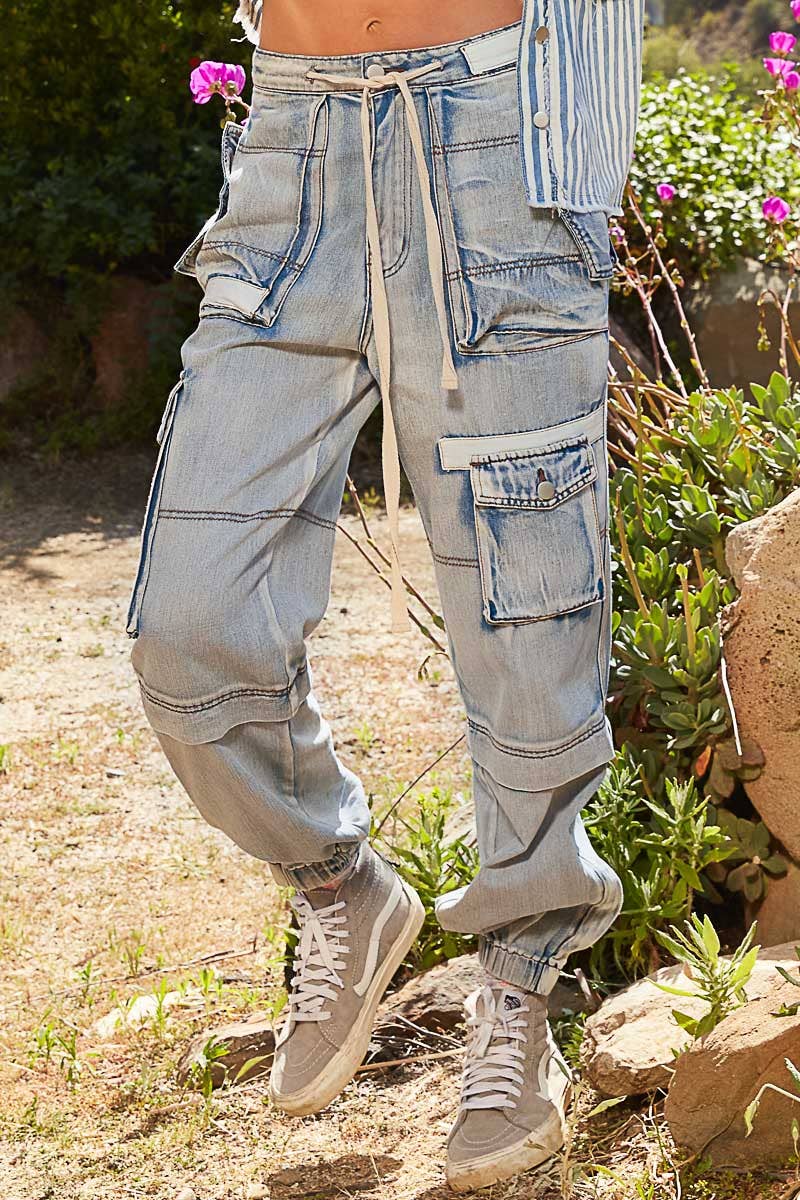 Cargo Drawstring Waist Baggy Denim Joggers