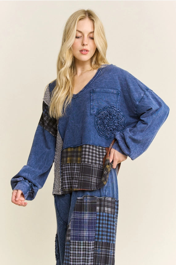 Mineral Washed Plaid Patched Doily Vneck Top