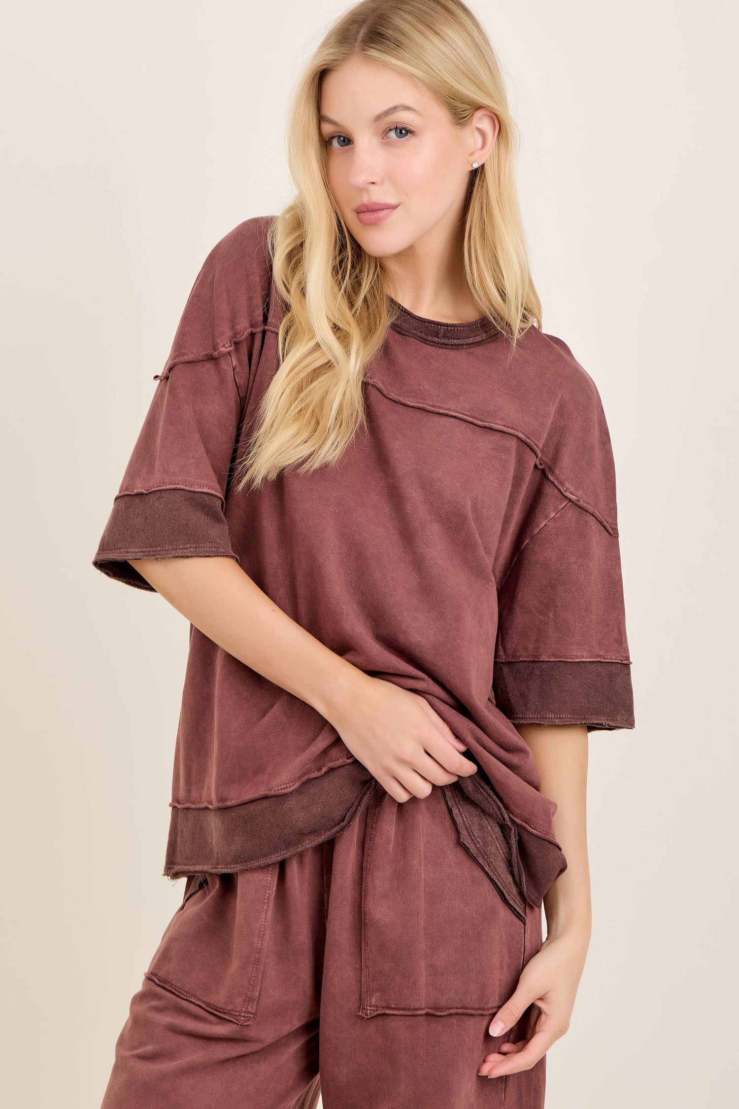 Mineral Washed Contrast Block Terry Top