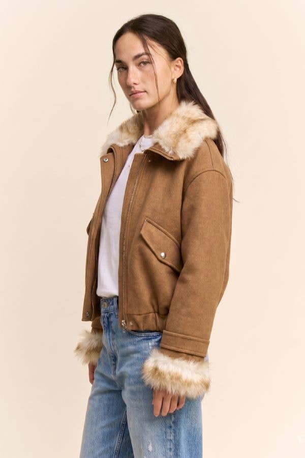 Faux Fur Trim Aviator Bomber Jacket