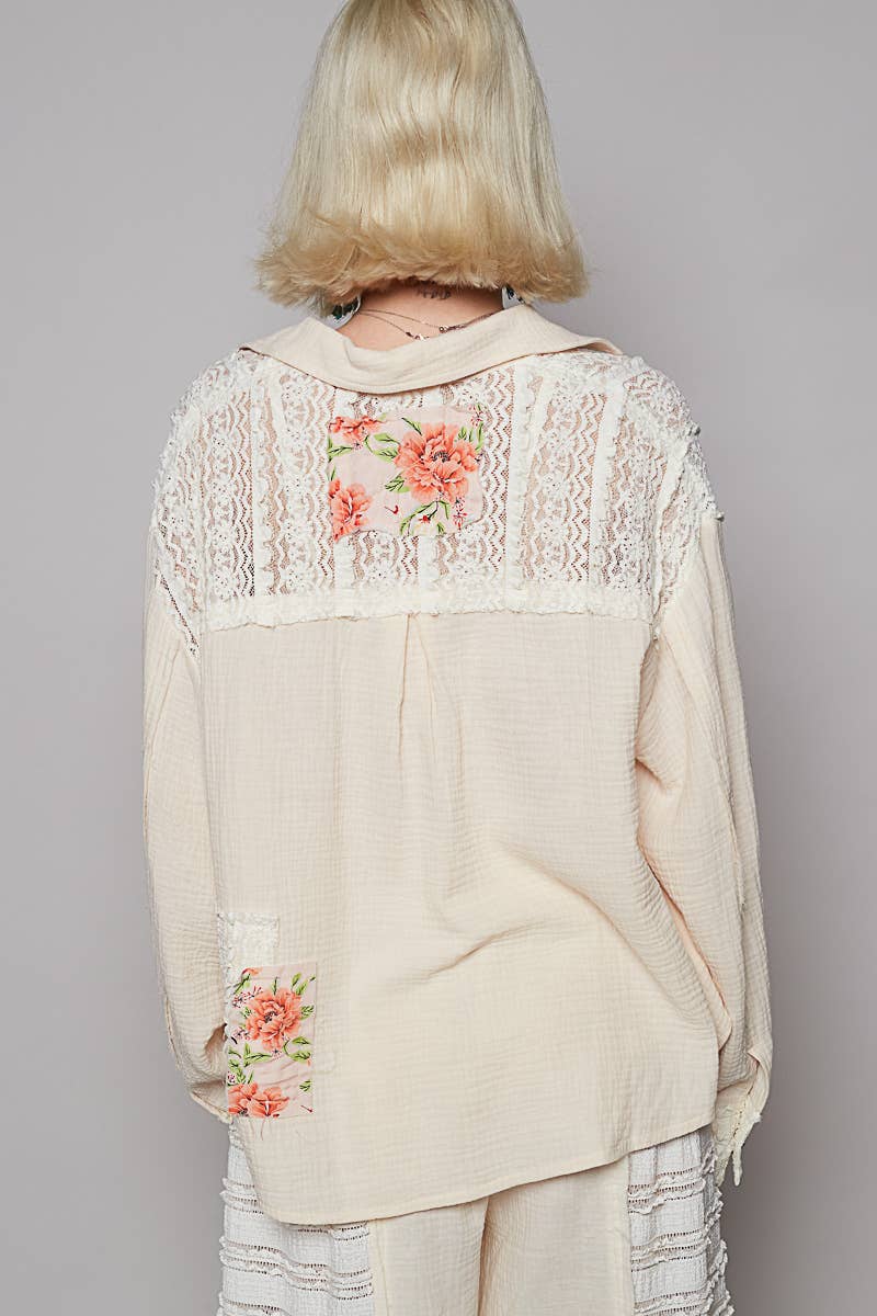 V-neck Contrast Double Gauze Top
