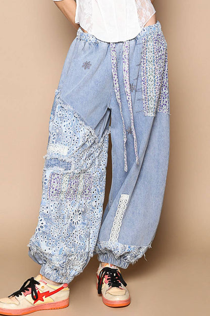Floral print patchwork twill Jogger pants