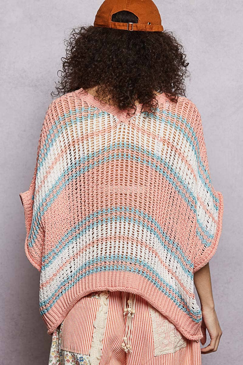 Short Sleeve V-neck Striped Thin Sweater Knit Top