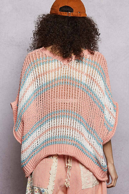 Short Sleeve V-neck Striped Thin Sweater Knit Top