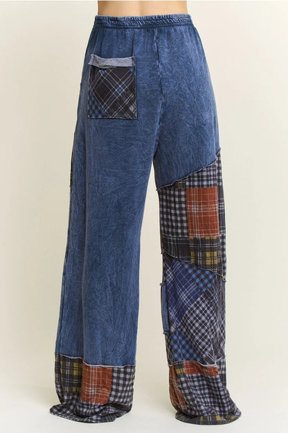 Mineral Washed Boho Plaid Patchwork Wideleg Pants