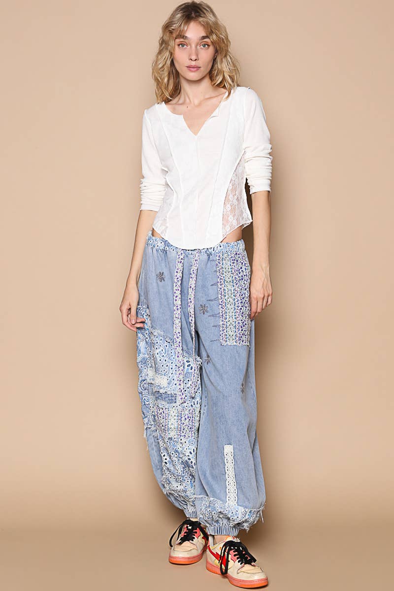 Floral print patchwork twill Jogger pants