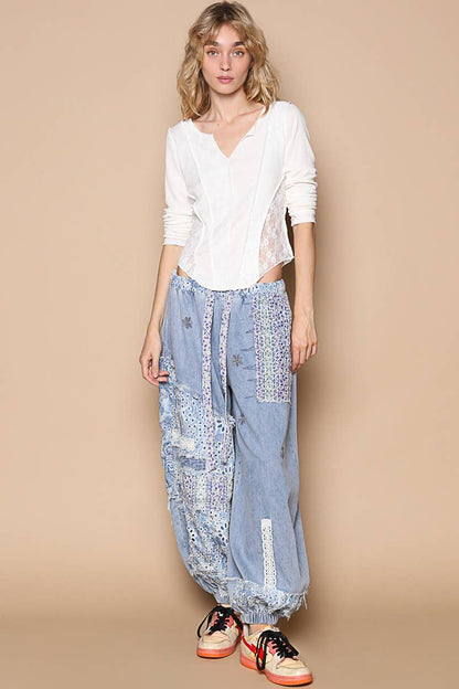 Floral print patchwork twill Jogger pants