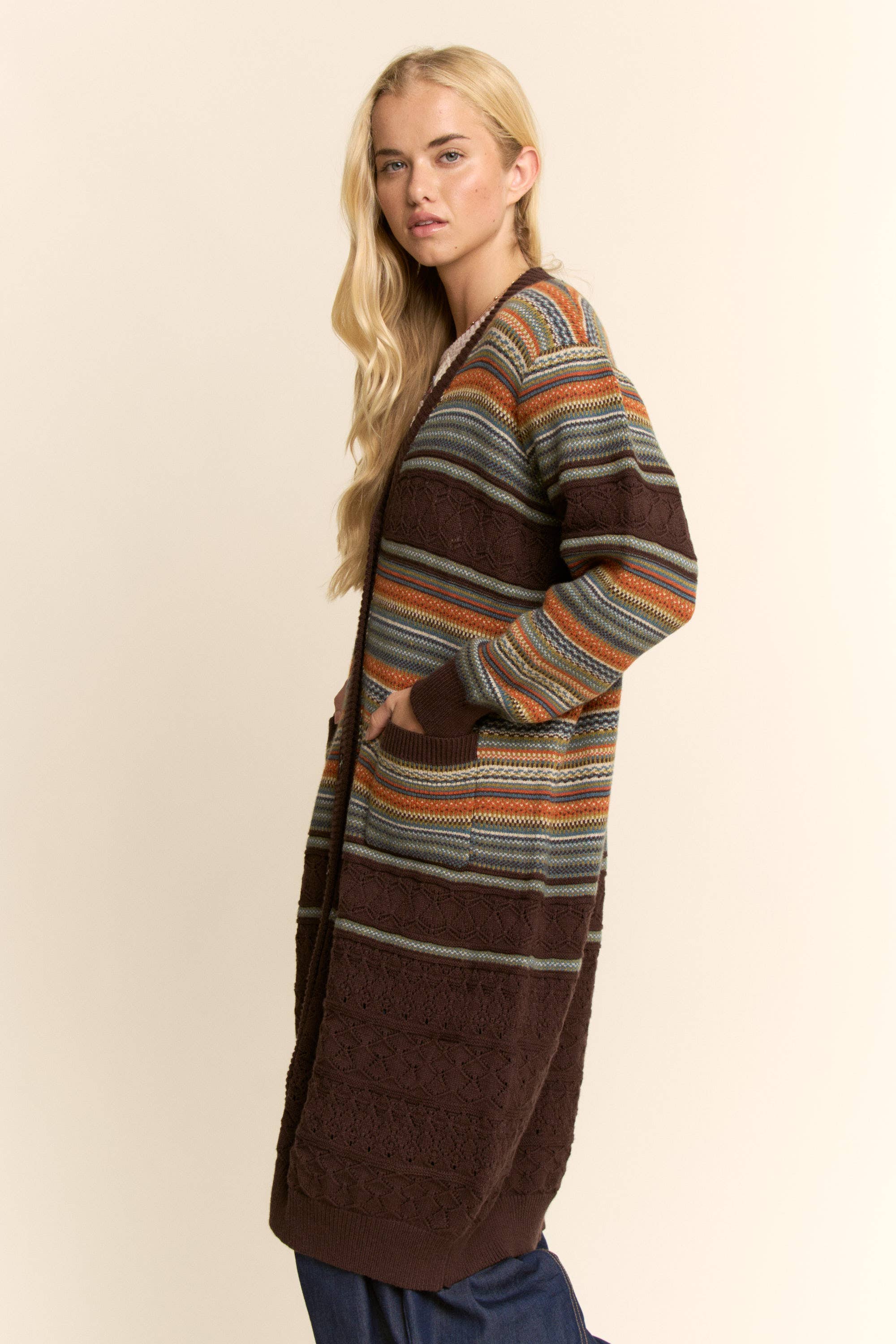 Striped Pointelle Knit Duster Cardigan