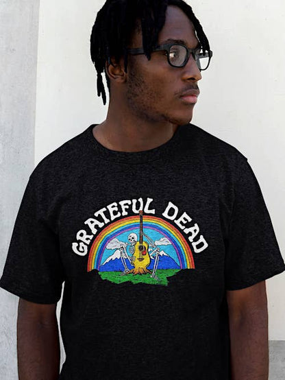 Unisex Grateful Dead T-Shirt - Rainbow and Guitar Playing Skeleton Design