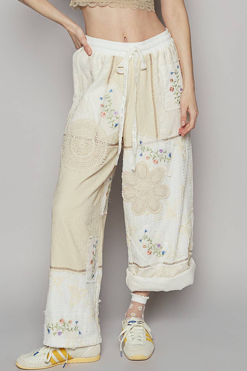 Solid Lace Patch Detail Woven Pants
