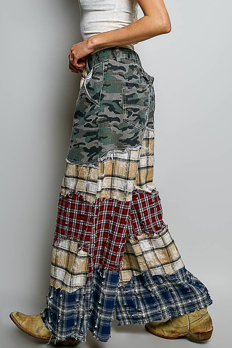 Patchwork Buckle Back Woven Pants