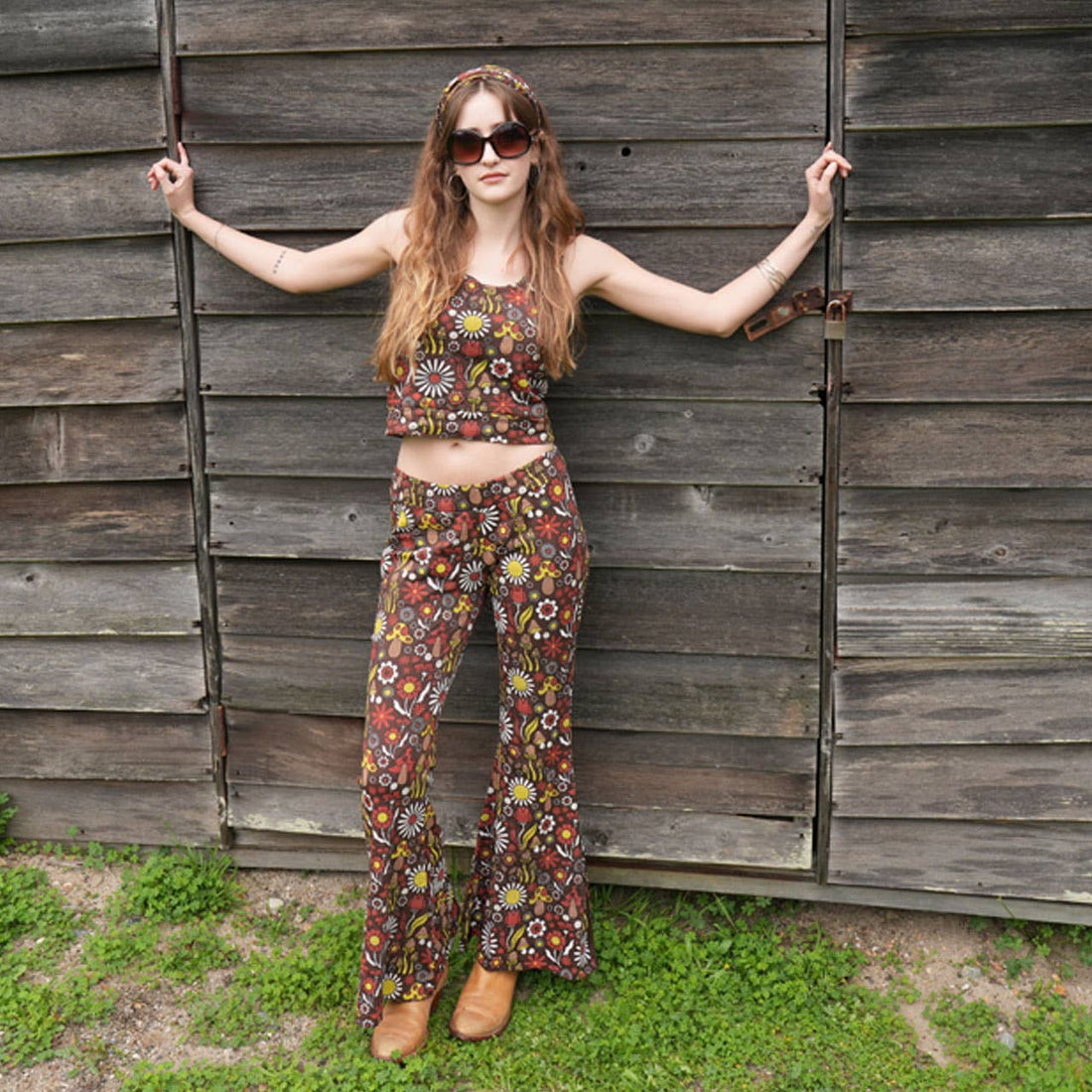 Cotton Spandex Groovy Mushroom Print Crop Top