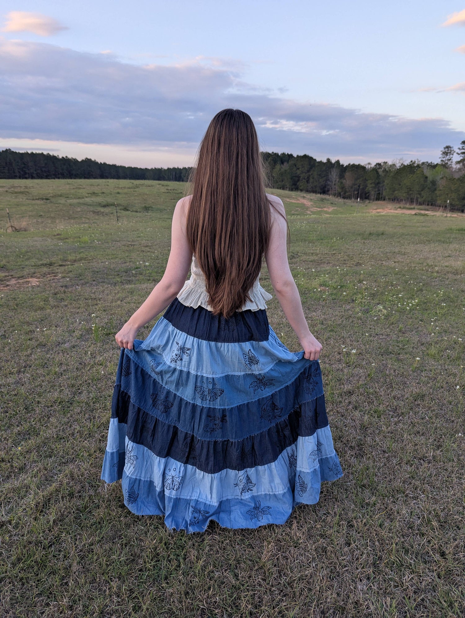 Patchwork Denim Long Maxi Skirt with Pockets