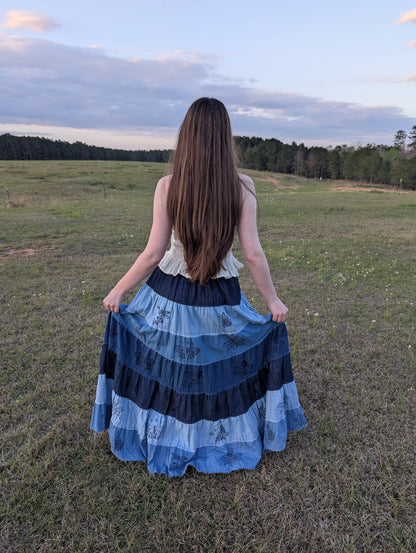 Patchwork Denim Long Maxi Skirt with Pockets