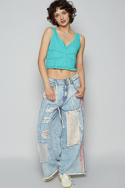 Stud detail woven denim pants