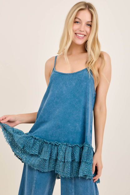 Mineral Washed Tiered Lace Cami Tank Top