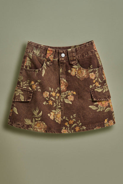 Vintage Floral Cotton Denim Mini Skirt