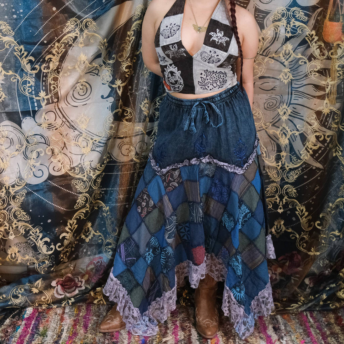 Patchwork Asymmetrical Flowy Skirt with Lace