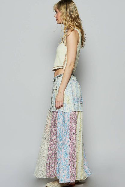 Woven floral print mixed skirt