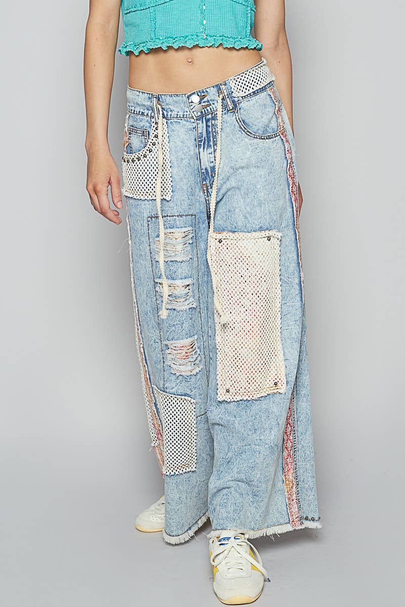 Stud detail woven denim pants