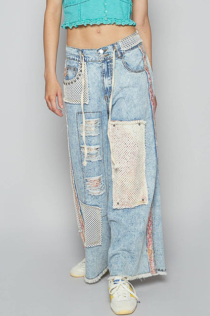 Stud detail woven denim pants