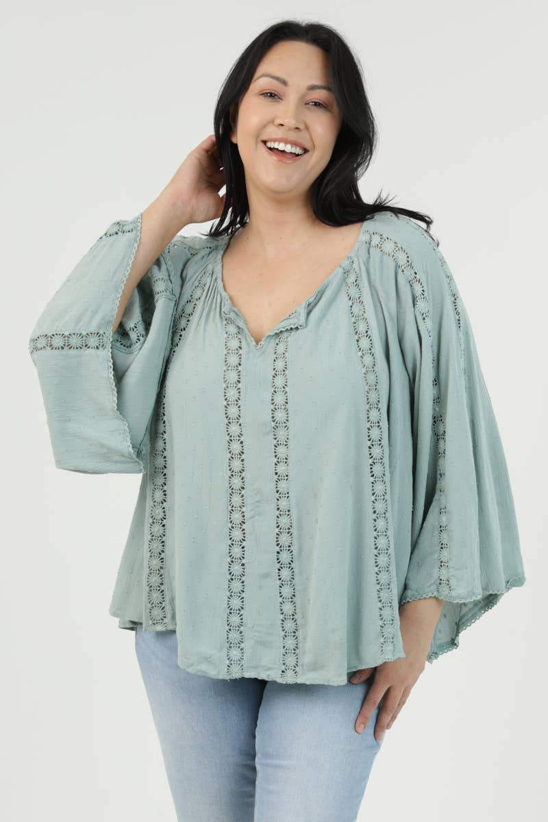 FLARE BELL SLEEVE LACE TRIM BLOUSE