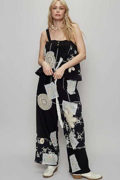 Solid Lace Patch Detail Woven Pants