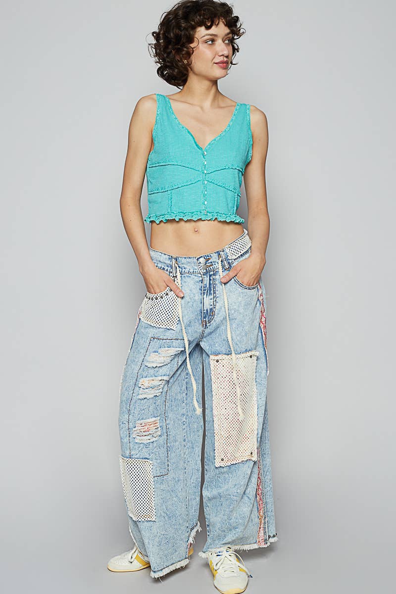 Stud detail woven denim pants