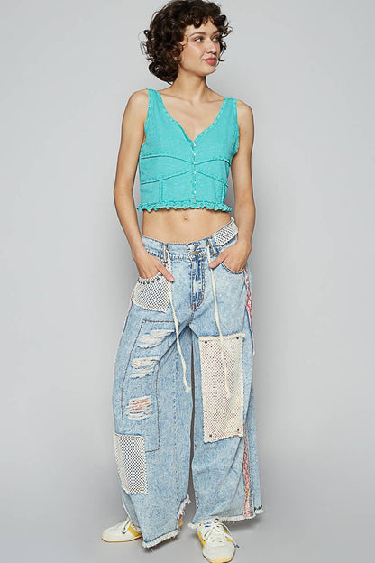 Stud detail woven denim pants