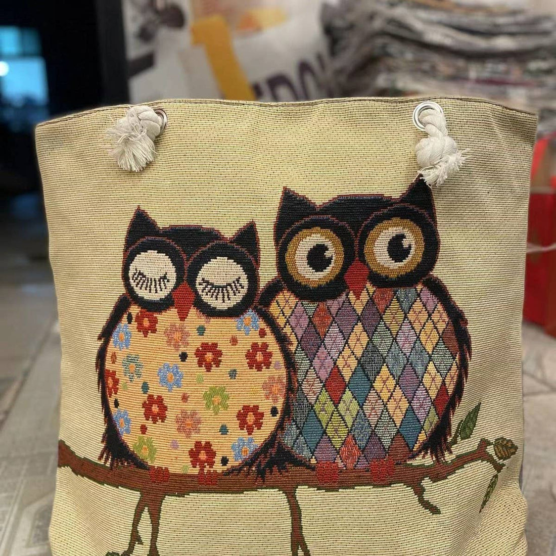 Owl Embroidered Canvas Tote Bag