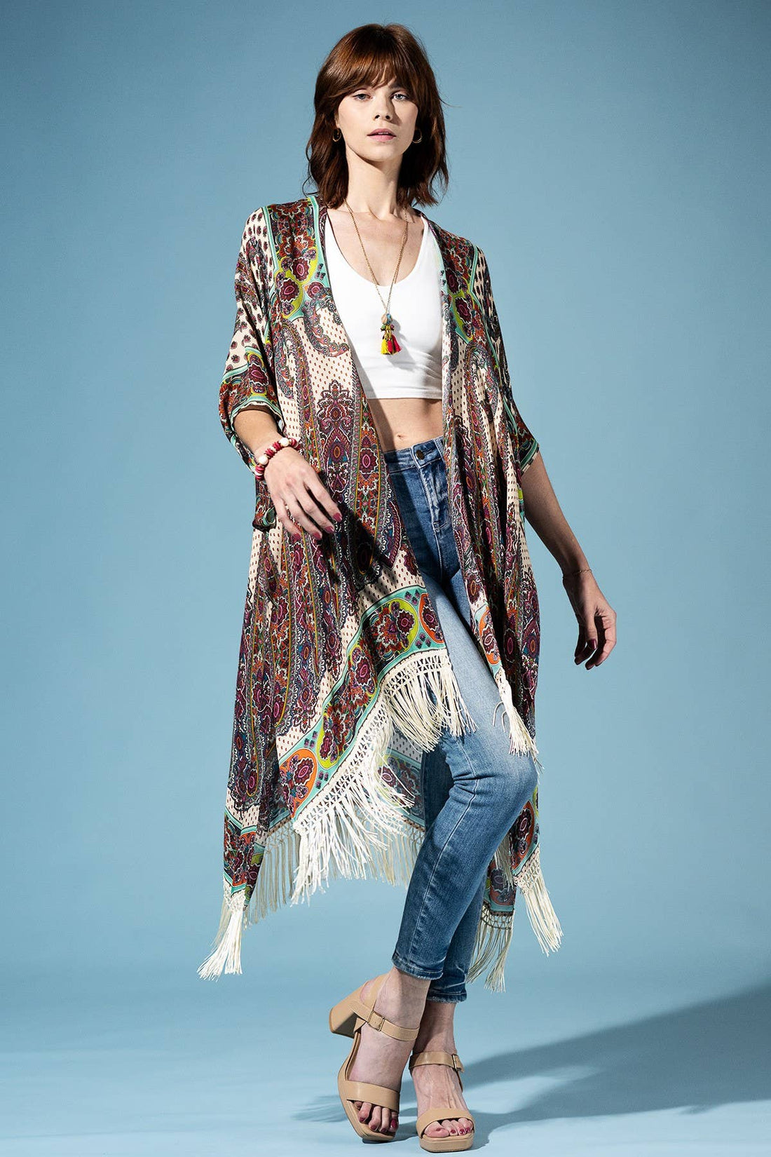 Verdant Terra Mosaic Fringe Kimono