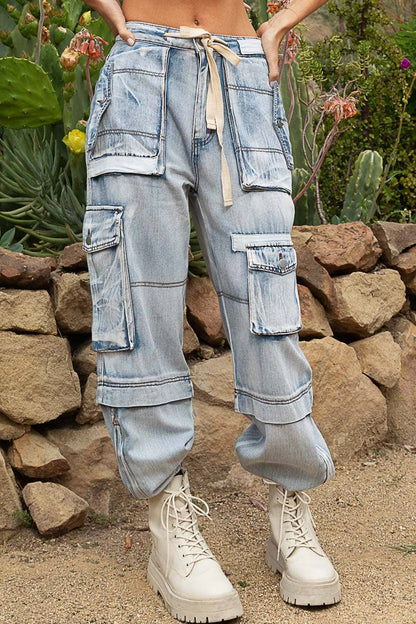 Cargo Drawstring Waist Baggy Denim Joggers