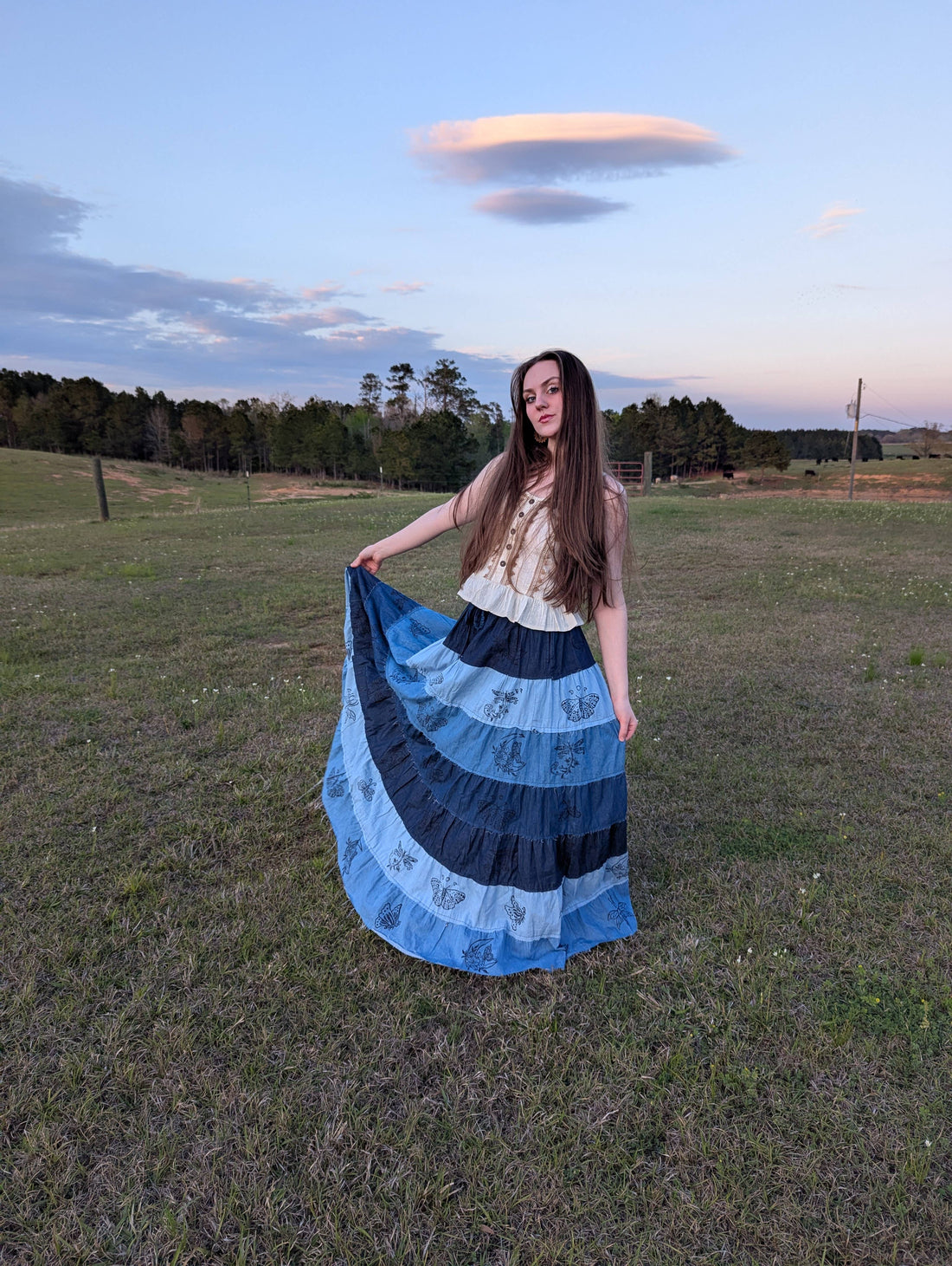 Patchwork Denim Long Maxi Skirt with Pockets