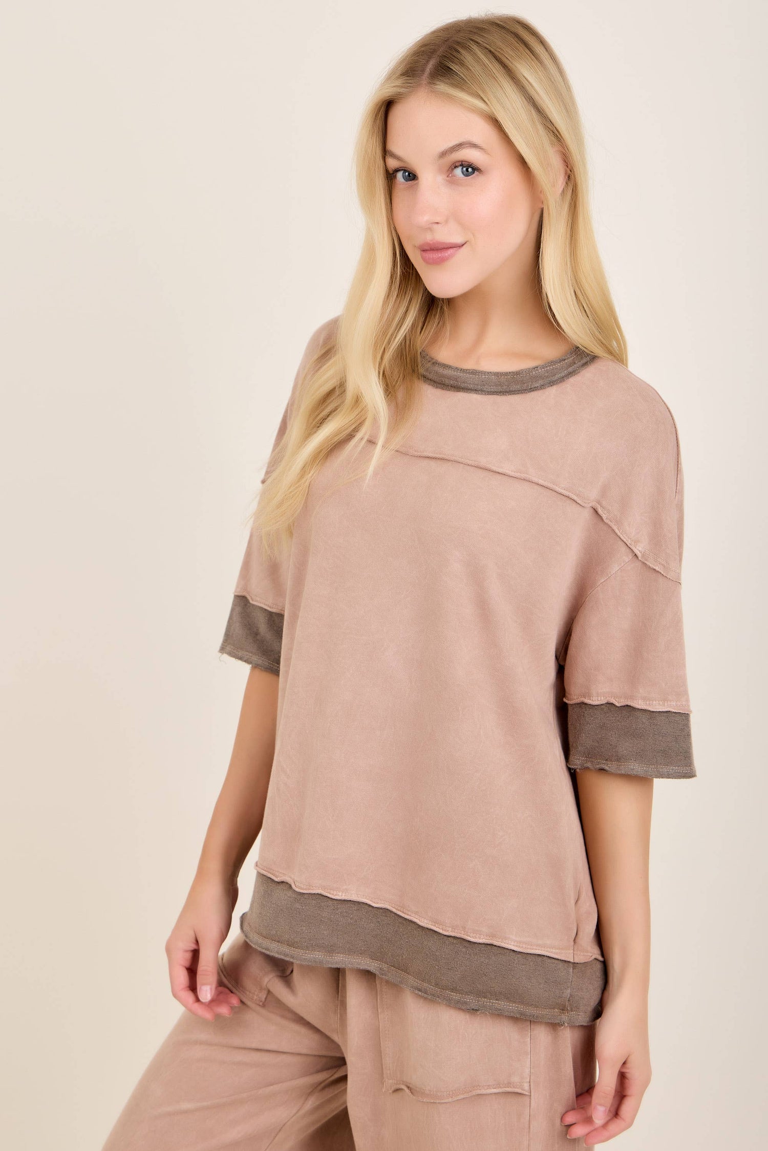 Mineral Washed Contrast Block Terry Top