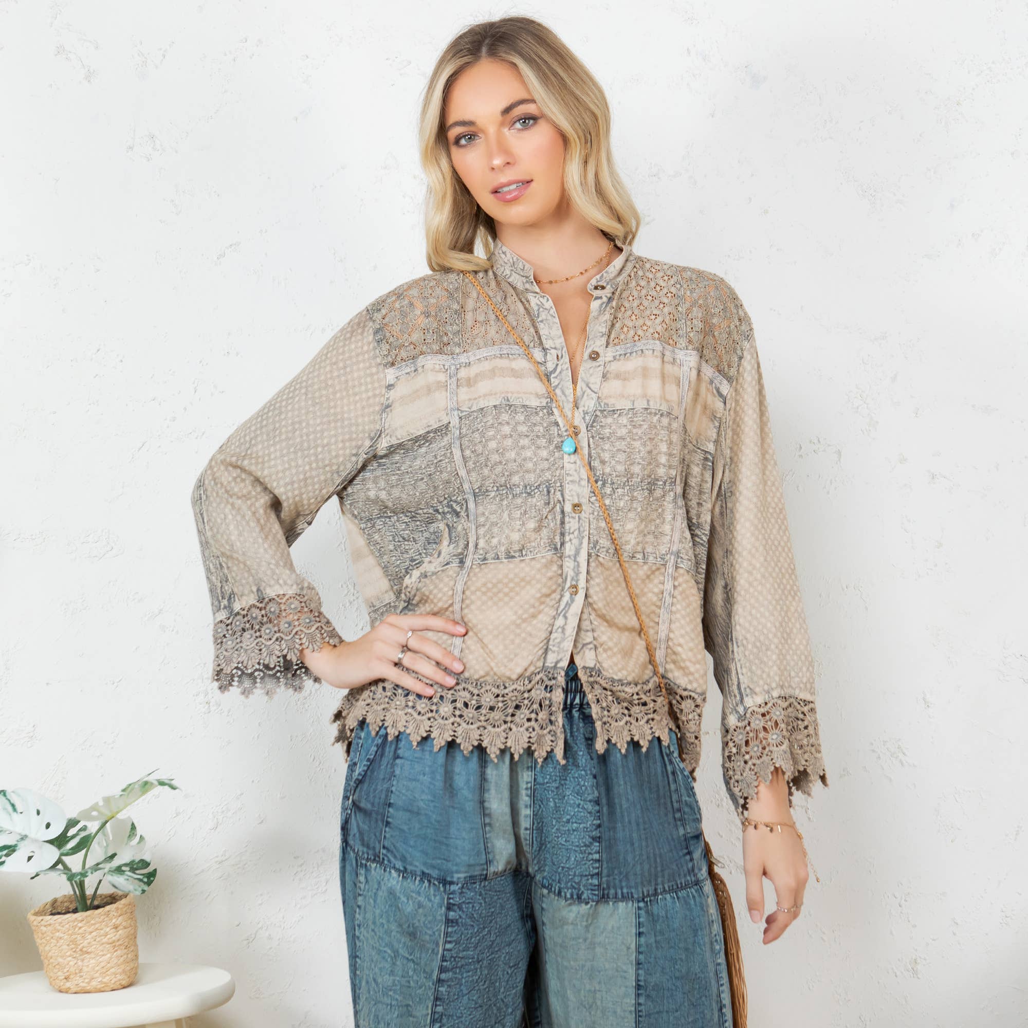 Lace Patch Shacket with White Shell Buttons