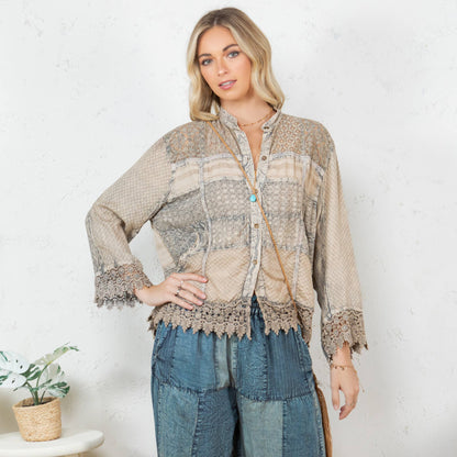 Lace Patch Shacket with White Shell Buttons