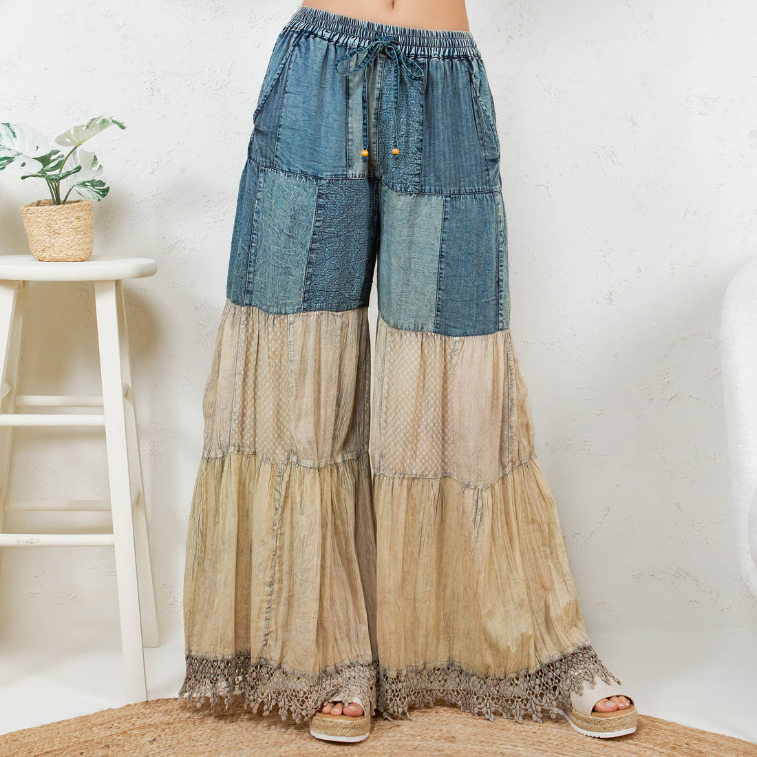 Boho-Inspired Long Denim Pants with Solid Patches