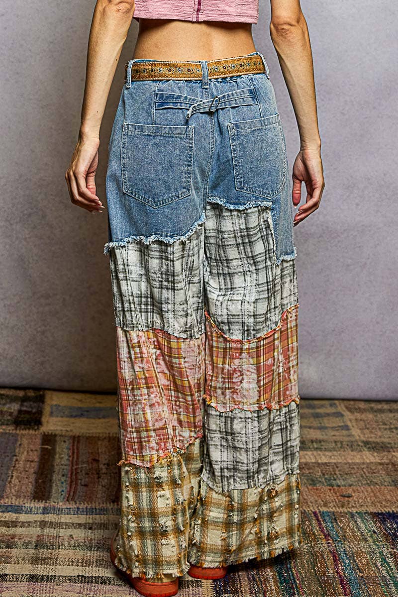 Patchwork Buckle Back Woven Pants