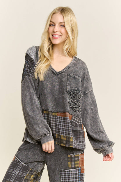 Mineral Washed Plaid Patched Doily Vneck Top