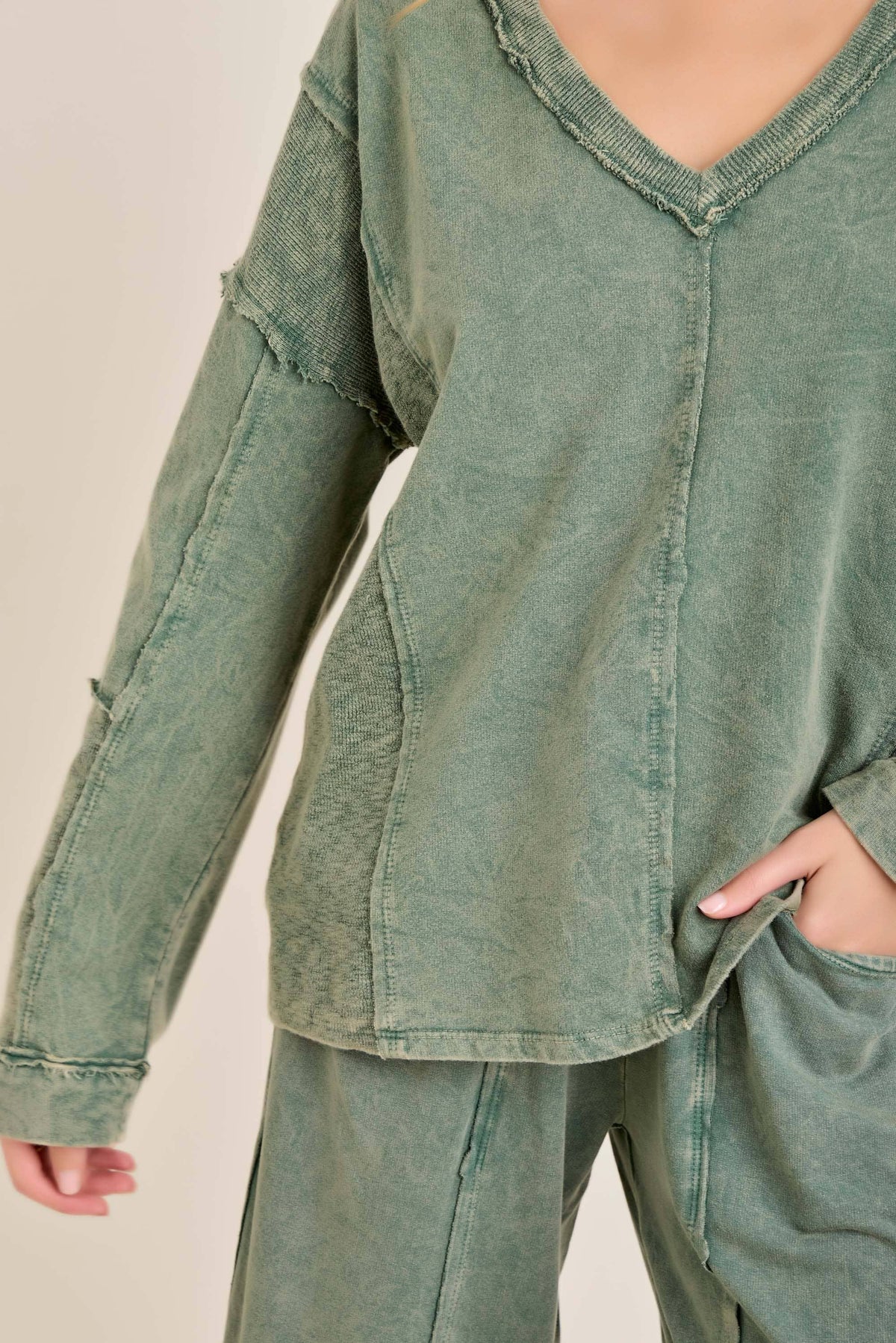 Mineral Washed Sweater Weather Vneck Knitted Top